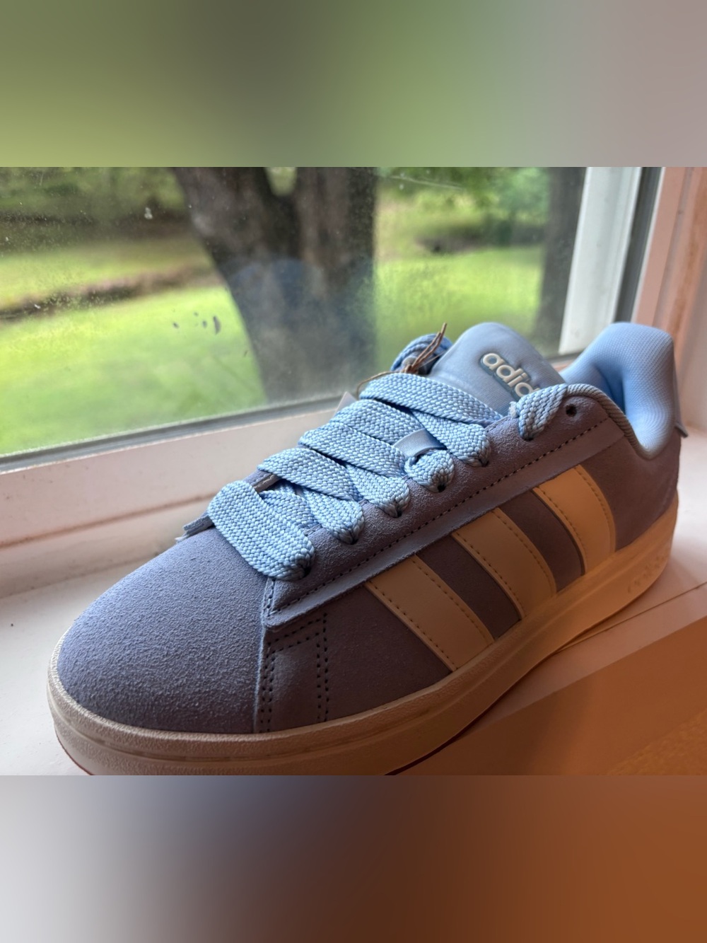 Adidas Light Blue Suede  with Cream Stripes Grand Court Alpha 00s sneaker.